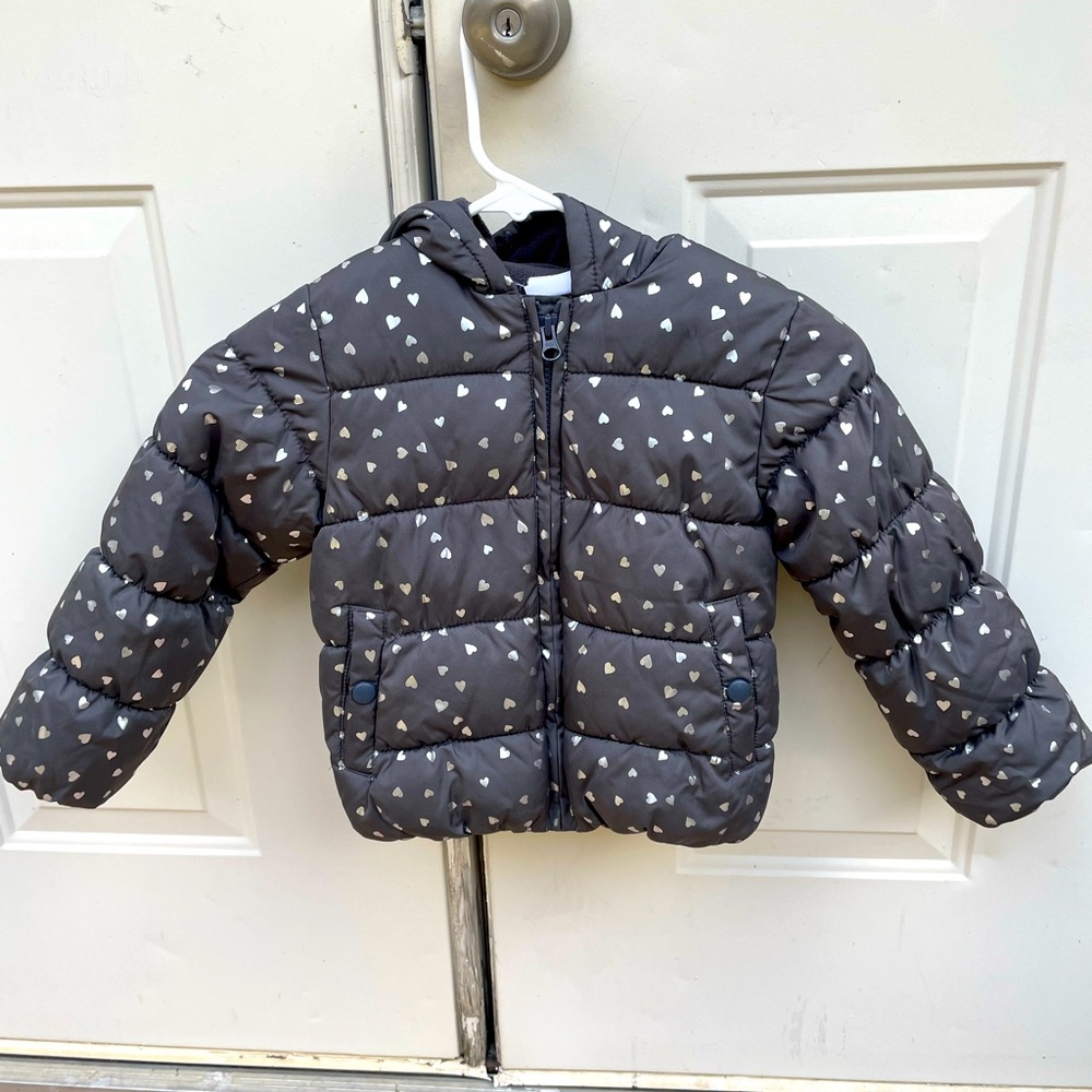 Crazy 8, Puffer Coat, Gray with Silver Hearts, Size 5T